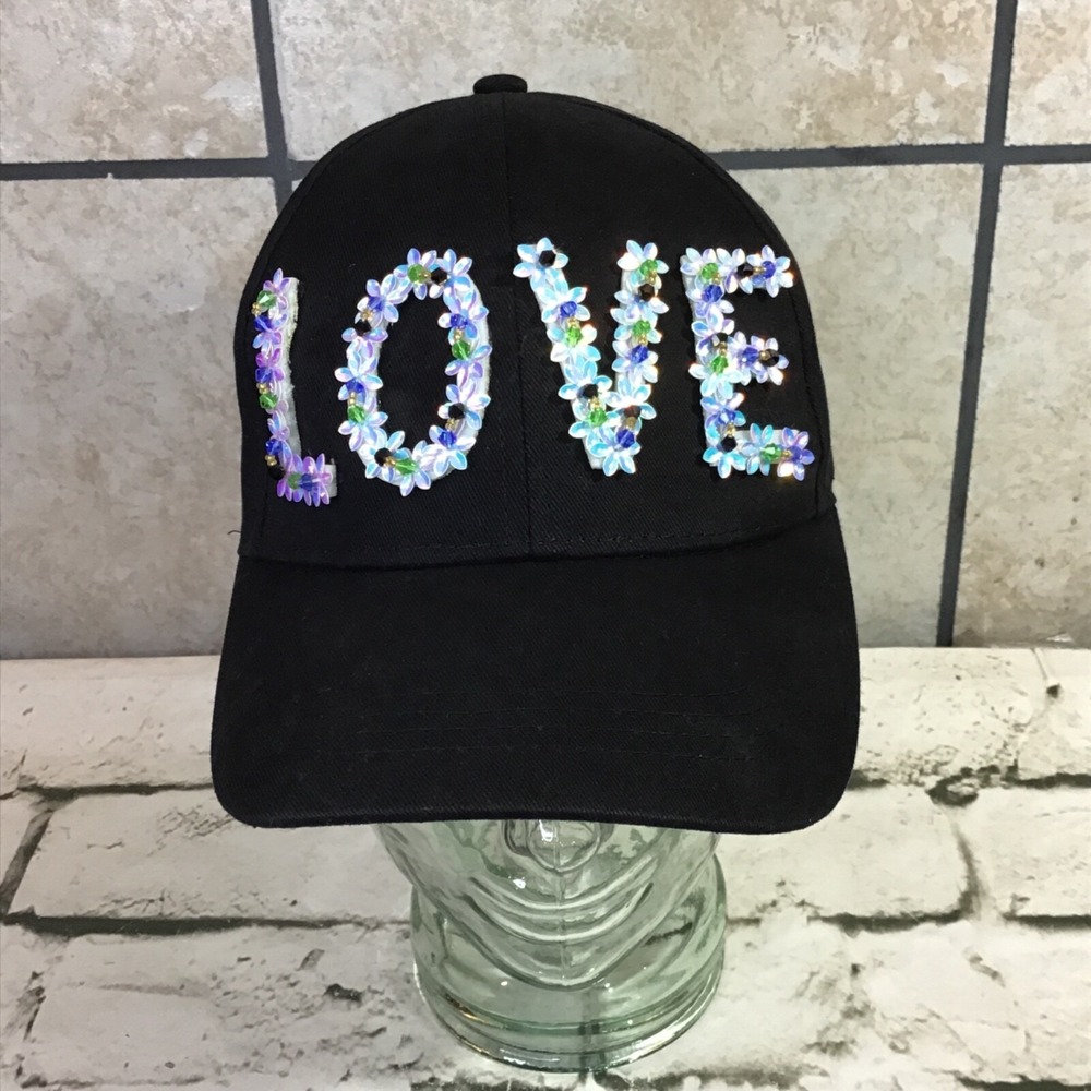 Love‎ Ball Cap Black Beaded Embroidered Adjustable Strap Back